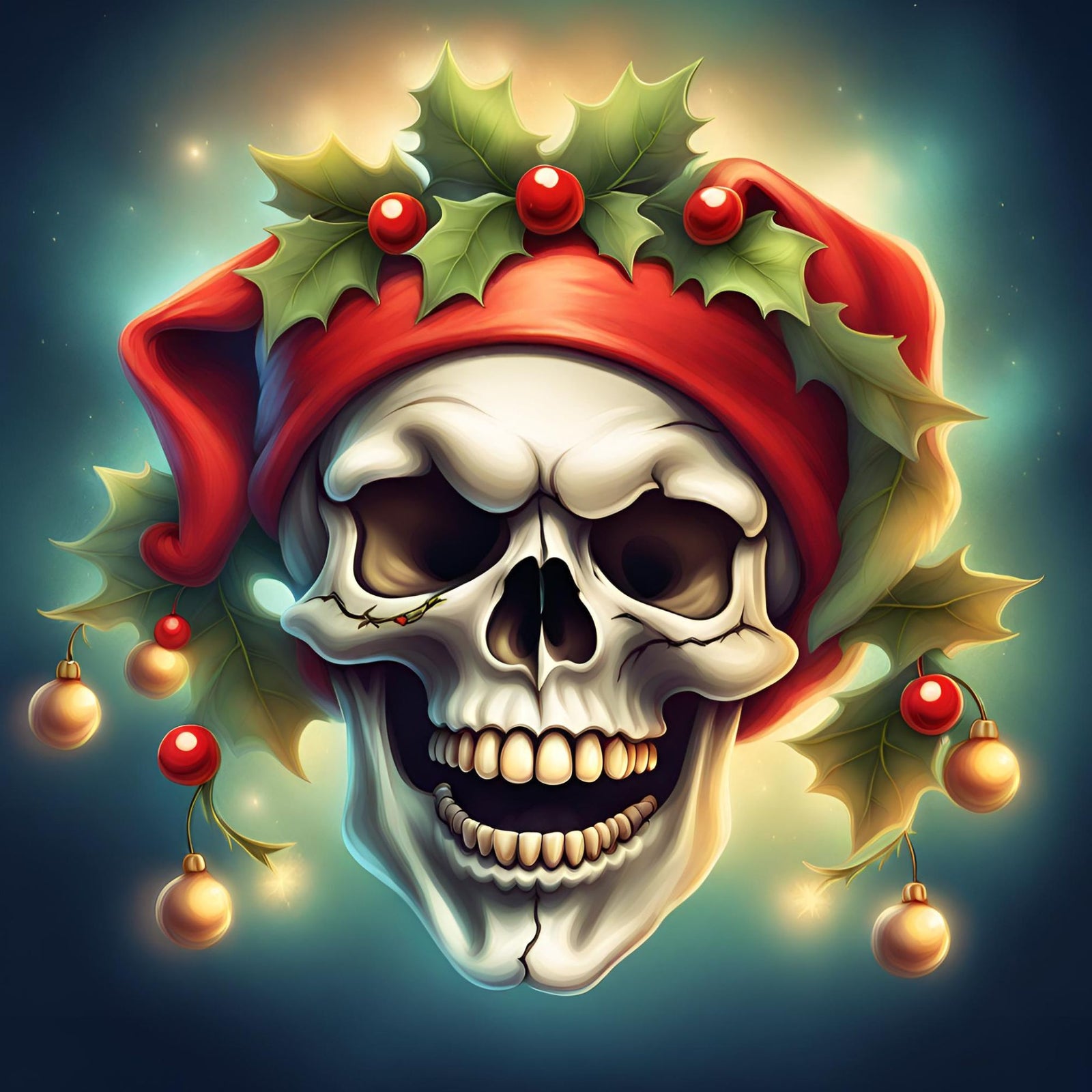 skull with a santa hat and mistletoe